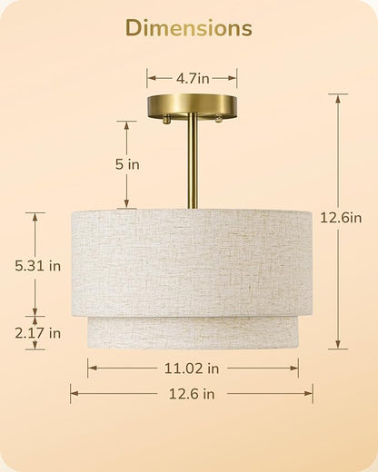 EDISHINE 12.6Inch Semi Flush Mount Ceiling Light, 3-Light Close to Ceiling Light Fixtures with Double Drum Linen Fabric Shade, Modern Mount Lamp for Bedroom Hallway Dining Room, Brushed Gold