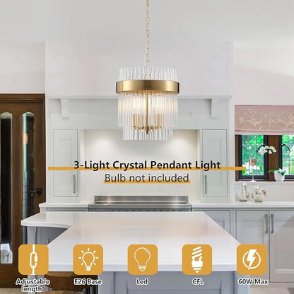 Dijiahua 3-Light Gold Pendant Lights Kitchen Island, 2-Tiers Crystal Pendant Light Fixtures Over Table, 12.6''Dia Brass Dining Room Glam Chandelier,Modern Adjustable Cord Hanging Lamp for Bedroom