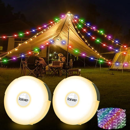2-Pack Camping String Lights, 16.4FT Rechargeable Waterproof Hanging Lamp Portable LED Light for Outdoor Camping Awning Tent Garden Party Yard Festival Decor (5 Lighting Modes)