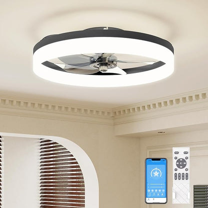 VOLISUN Low Profile Ceiling Fans with Lights and Remote, 19.7in Fandelier Ceiling Fan with Light, 3000K-6500K Dimmable Bladeless LED Fan Light, Black Flush Mount Ceiling Fans with Lights for Bedroom