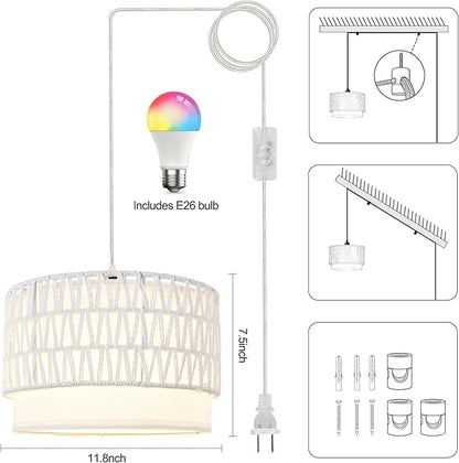 Plug in Hanging Lamp with RGB Smart Bulb Plug-in Cord Pendant Light with 15ft Cord Fixture Pendant Lights for Bedroom Kitchen Living Room Dining Room