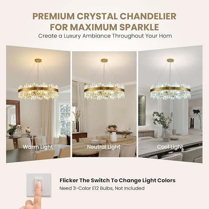 16-Light Modern Crystal Chandelier, Large Gold Round 2-Tiers K9 Crystal Chandelier, Luxury Flush Mount Crystal Pendant Ceiling Light for Dining Living Room Entryway Foyer D31.5''