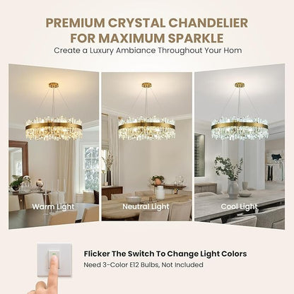 16-Light Modern Crystal Chandelier, Large Gold Round 2-Tiers K9 Crystal Chandelier, Luxury Flush Mount Crystal Pendant Ceiling Light for Dining Living Room Entryway Foyer D31.5''