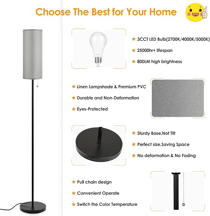 Coucrek Floor Lamp for Living Room, 3 Color Temperature Modern Standing Lamps, Minimalist Floor Lights for Bedroom, Office, Reading,Gray