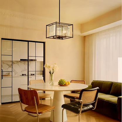 Square Small Crystal Chandeliers for Dining Room, 4-Light Black Pendant Ceiling Light Fixture 13" Mini Modern Farmhouse Adjustable Hanging Lamps for Bedroom Entryway Hallway
