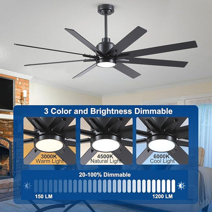 Rayqueen 62 Inch Large Ceiling Fans with Lights and Remote, Black Blades, 3CCT Dimmable LED, 6-Speed Reversible DC Motor, Ultra Quiet, 3 Timers for Living Room, Great Bedroom & Covered Outdoor