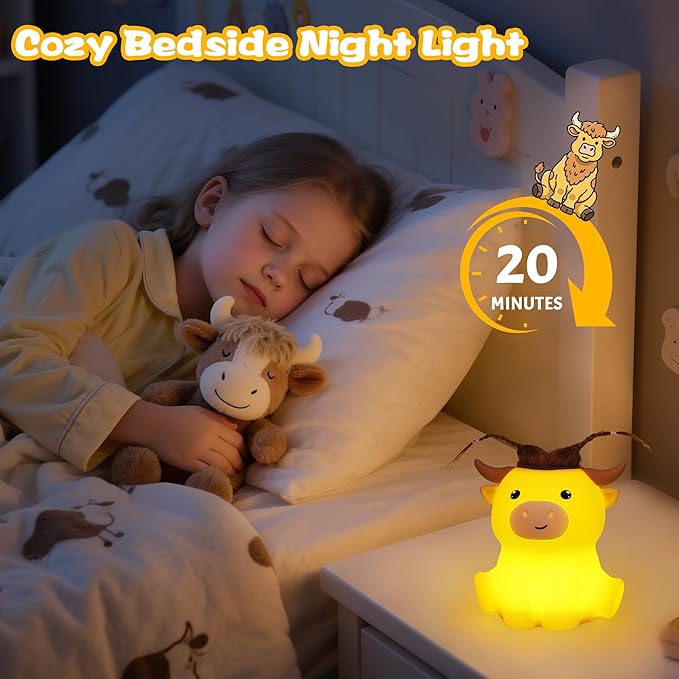 OkiyiD Highland Cow Night Light, Cute Animal Silicone Touch Cow Lamp, Highland Cow Gifts for Boys Girls Women Christmas, Dimmable Soft Glow Bedside Lamp for Nursery Bedroom Decor