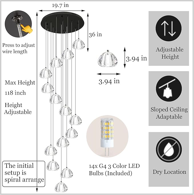 Modern Crystal Chandelier 14-Lights High Ceiling Raindrop Chandelier Lighting Fixture, Large LED Round Indoor Lighting Fixture Black for Foyer Staircase Living Room