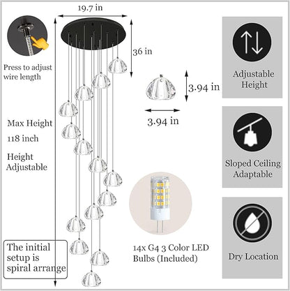 Modern Crystal Chandelier 14-Lights High Ceiling Raindrop Chandelier Lighting Fixture, Large LED Round Indoor Lighting Fixture Black for Foyer Staircase Living Room