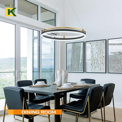 Benkut Modern LED Pendant Light 23.6" Black Gold Dimmable Circular LED Chandelier 1 Ring with Remote, Round Hanging Light for Kitchen Island Dining Room Living Room Foyer Entryway, 2-Ring Lighting