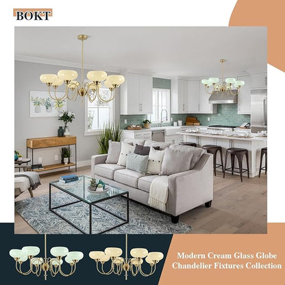 BOKT Large 8-Light Chandelier Modern Sputnik Chandeliers Flush Mount Ceiling Lights Cream Adjustable Height Pendant Lighting Vintage Gold Chandeliers with Light Yellow Glass Classic Ceiling Light