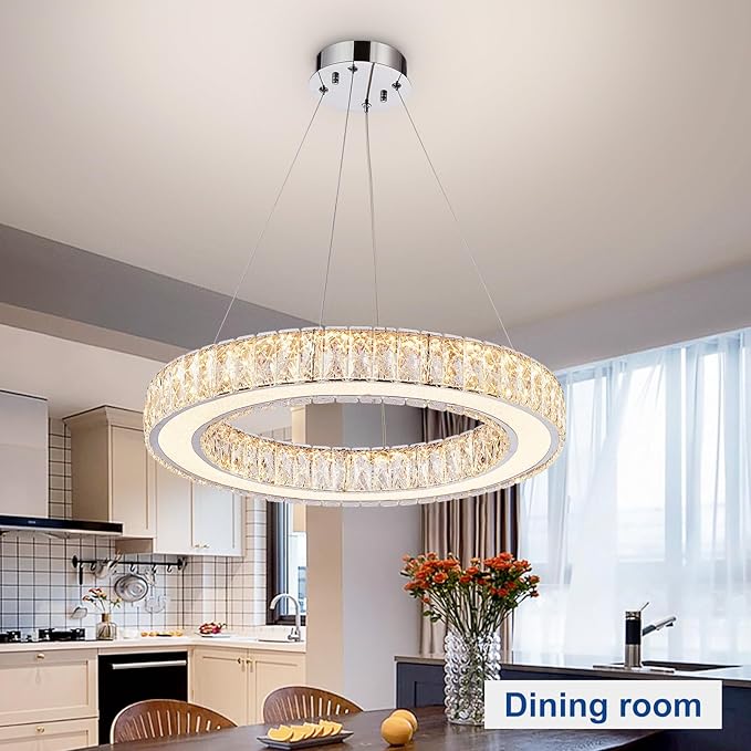Depuley Modern LED Crystal Chandeliers: 23.6" Ring Chandelier Hanging Crystal Ceiling Light Fixture - 50W Adjustable Height Pendant Light for Living Room Dining Room Bedroom Foyer