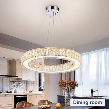 Depuley Modern LED Crystal Chandeliers: 23.6" Ring Chandelier Hanging Crystal Ceiling Light Fixture - 50W Adjustable Height Pendant Light for Living Room Dining Room Bedroom Foyer