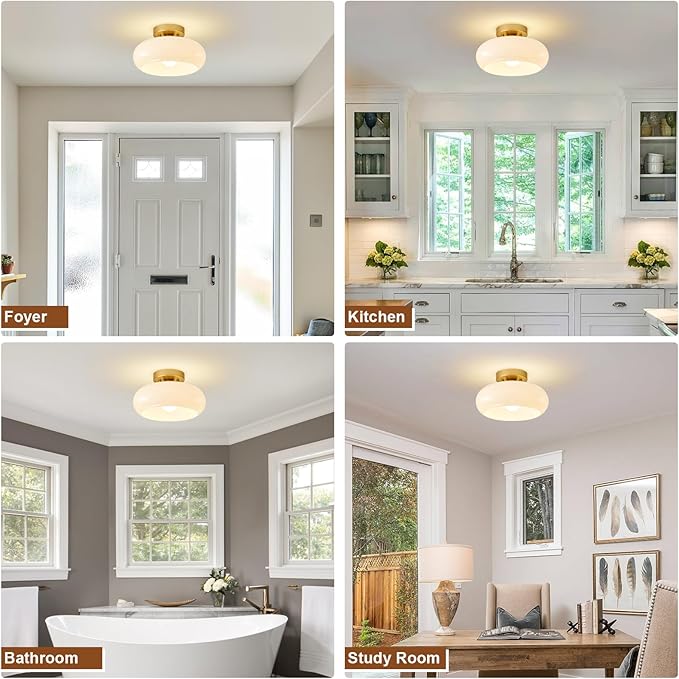 WOKNOS Mid-Century Modern Gold Semi Flush Mount Ceiling Light, Kitchen Ceiling Light Fixture with Glass Shade, Vintage White Close to Ceiling Lamp for Entryway Hallway Bathroom (11.0 Inch)