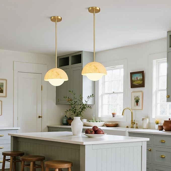Modern Pendant Light Fixtures: 10 Inch Resin Shade Mid Century Chandelier with Milk Glass Globe - Adjustable Gold Pendant Lighting for Kitchen Island