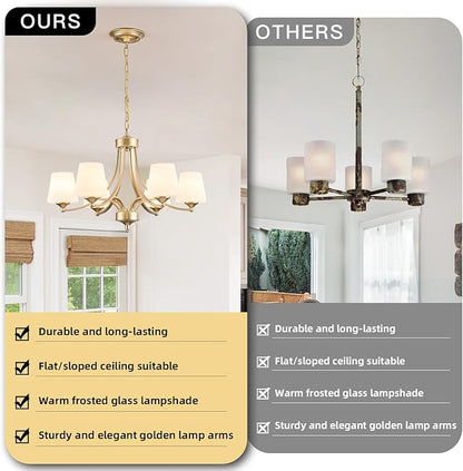 6-Light Modern Gold Chandeliers for Dining Room 47.2'' Adjustable Height Farmhouse Pendant Light with Frosted Glass Shades,Gold Round Chandeliers Hanging Lamp for Kitchen Island Dining Table Entryway