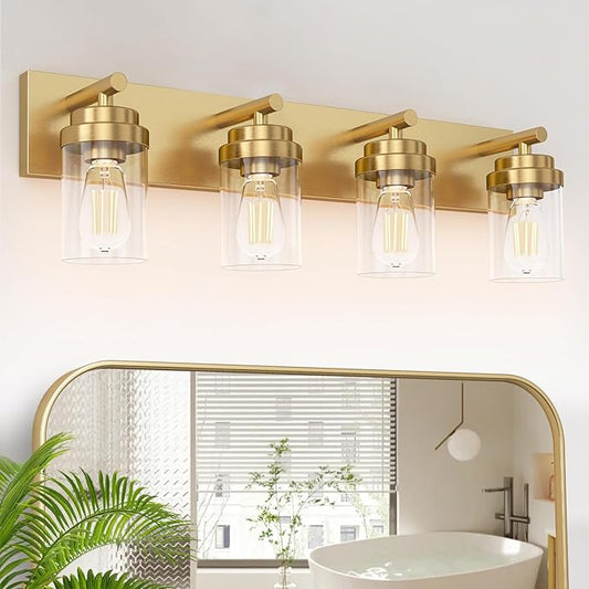 IZORRO Bathroom Vanity Light Fixture, 4-Light 30 Inch Gold Bathroom Light Fixtures Over Mirror, with Clear Glass Shade, Modern Farmhouse Vanity Lights, Rustic Restroom Lighting Fixtures