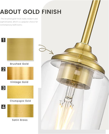 zeyu Gold Pendant Light Fixtures 2 Pack, Vintage 1-Light Hanging Lamp, Kitchen Pendant Lighting Over Island with Clear Glass Shade, Brushed Gold Finish, ZSL104MIL-2 BG