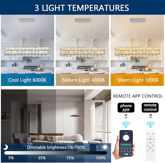 24'' Modern Crystal Chandelier for Dining Room Ceiling Light Fixture for Living Room Hallway Lighting LED Dimmable with Remote Silver