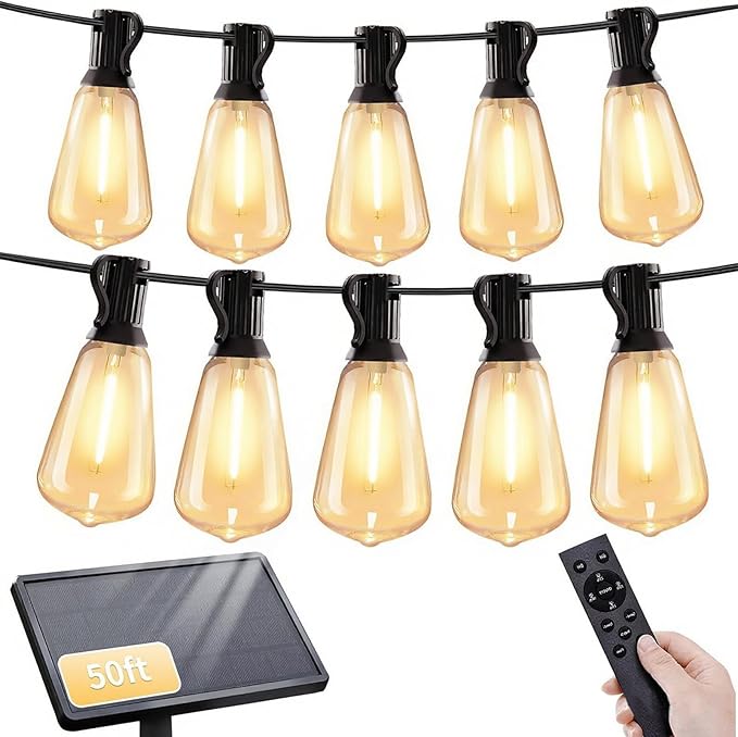 SANBEN 50ft Solar String Lights with Remote, 25+1 Bulbs Solar Patio Lights Outdoor Waterproof, Solar Powered Dimmable Deck Lights for Garden Porch Party