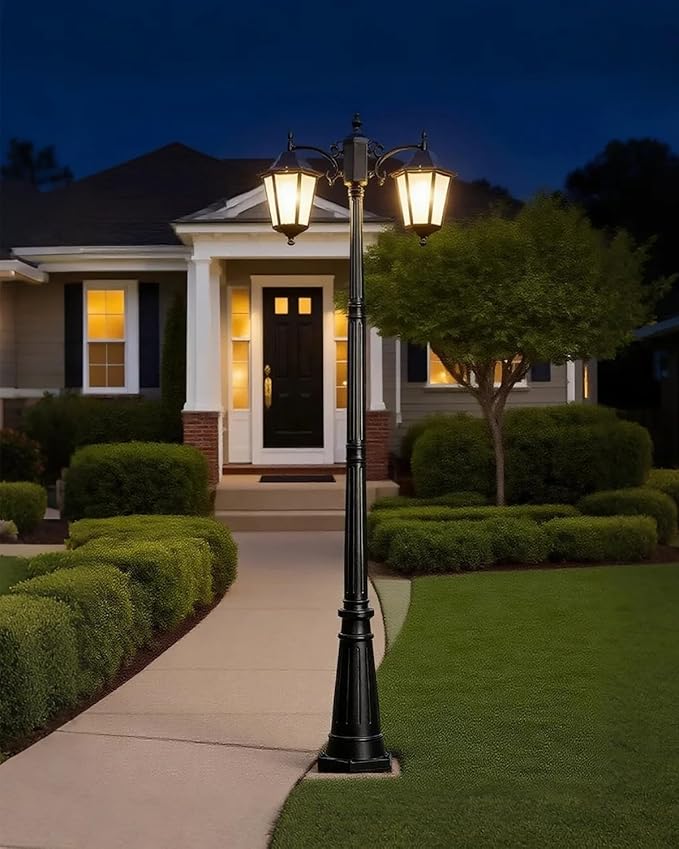 2-Head Outdoor Lamp Post Lights 94″ IP65 Waterproof Outside Black Street Light Pole with Clear Glass Shade Die-cast Aluminum Retro Pole Lights for Yard Garden Patio Path Driveway
