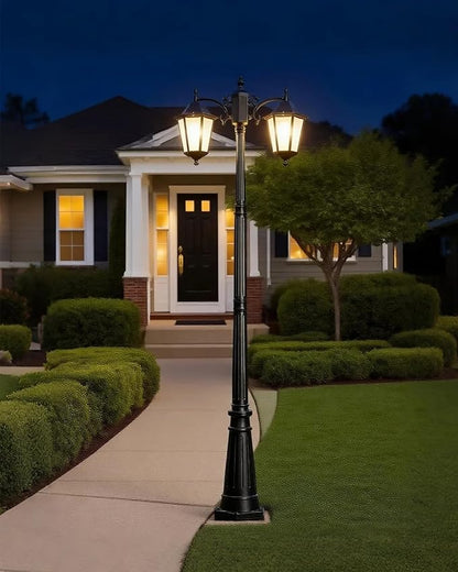 2-Head Outdoor Lamp Post Lights 94″ IP65 Waterproof Outside Black Street Light Pole with Clear Glass Shade Die-cast Aluminum Retro Pole Lights for Yard Garden Patio Path Driveway
