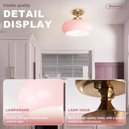Mid Century Modern Flush Mount Ceiling Light Vintage Pink Close to Ceiling Light Fixtures Overhead Light Gold Glass Chandelier for Kids Room Hallway Living Room Kitchen