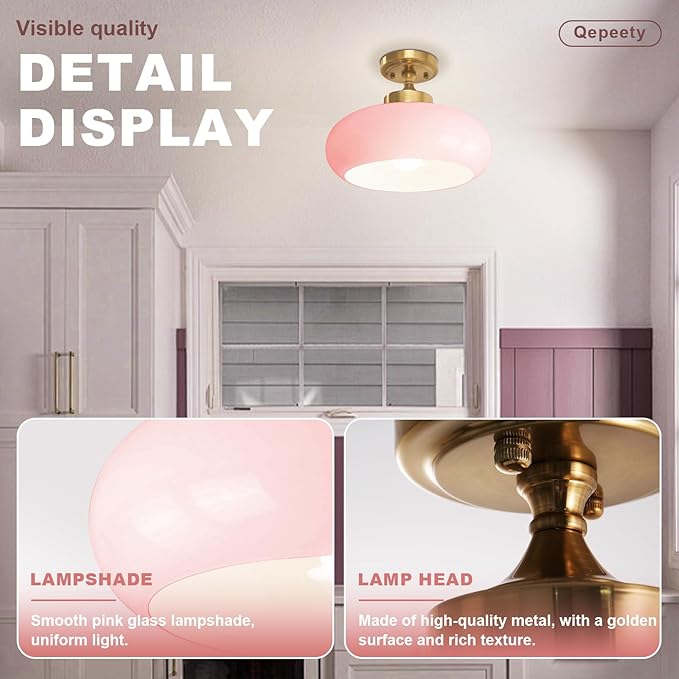 Flush Mount Ceiling Light, 2-Pack 11.02 Inch Pink Glass Close to Ceiling Light Glass Shade Golden Modern Lighting Farmhouse Hallway Light Fixtures for Hotel Entryway Girls Bedroom Foyer