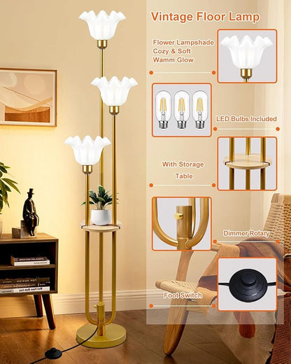 Flower Floor Lamp for Living Room, Dimmable Vintage Floor Lamp with Shelf & LED Bulbs, 3 Light 3000K Warmwhite Mid Century Gold Floral Tall Standing Lamp with 5Lbs Heavy Base for Bedroom