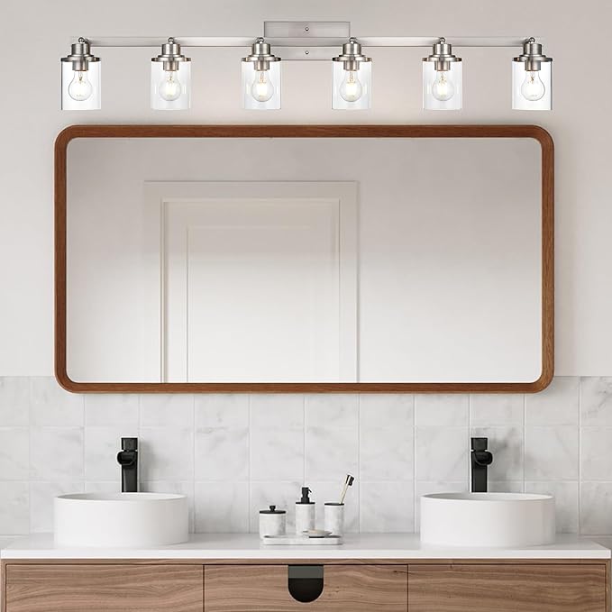 6-Light Directional Track Lighting Kit, Bathoom Lights Over Mirror Industrial Brushed Nickel Kitchen Track Lighting Fixtures Ceiling with 6 Rotatable Light Heads, Clear Glass Shade