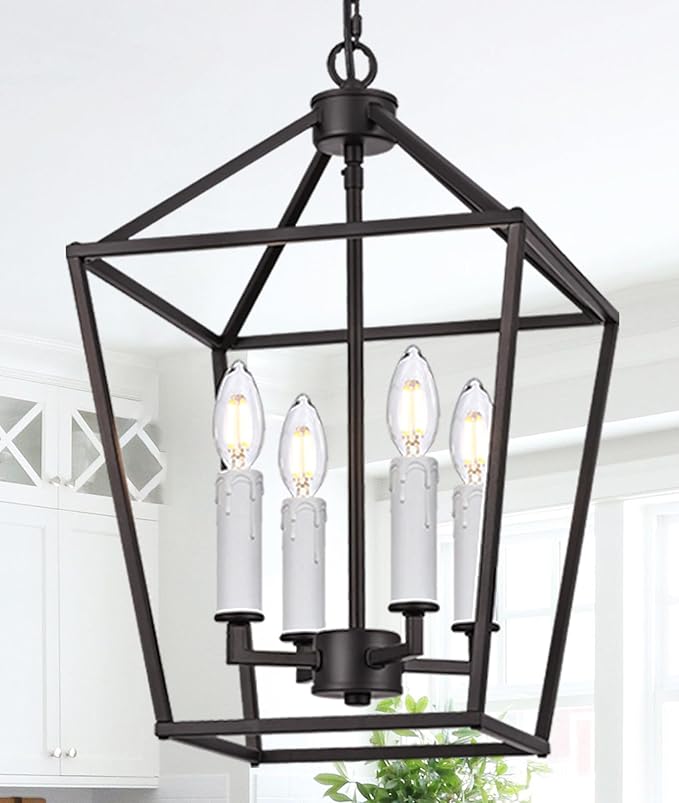MELUCEE 4-Light Farmhouse Cage Pendant Light in Oil Rubbed Bronze Vintage Chandelier Lantern Hanging Light Fixtures Ceiling with White Candle-Shaped Socket for Kitchen Island, Dining Room, Foyer