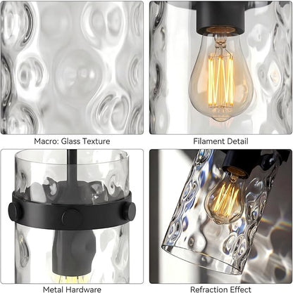 Modern Clear Wavy Glass Pendant Light 2 Pack - Thick Glass Adjustable E26 Hanging Lamp with Elegant Warm Glow for Kitchen Island, Dining Room & Hallway