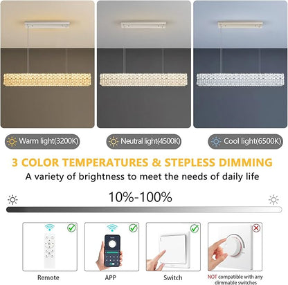 47 Inch Rectangular Crystal Chandelier Glam Dimmable LED Chandeliers for Dining Room Linear Pendant Light with Remote Control for Kitchen Island Silver