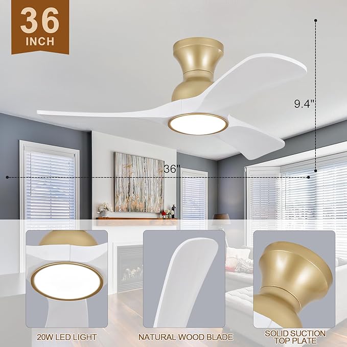 White Gold Ceiling Fans with Lights Flush Mount,36 inch Solid Wood,Remote Control,Wall Switch,Dimmable,Reversible,Power off Memory Modern Ceiling Fan for BedRoom Patio Indoor/Outdoor Use