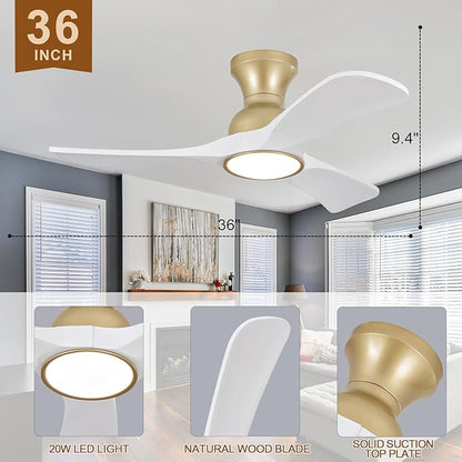 White Gold Ceiling Fans with Lights Flush Mount,36 inch Solid Wood,Remote Control,Wall Switch,Dimmable,Reversible,Power off Memory Modern Ceiling Fan for BedRoom Patio Indoor/Outdoor Use