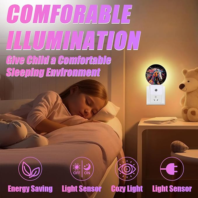 Colorful Horse Night Light Night Lights LED Lamp Round Plug into Wall Nightlight with Dusk to Dawn Sensor Home Hallway Stairway Kitchen Decor
