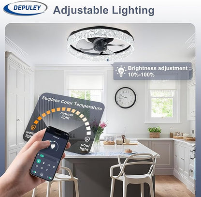 Depuley Ceiling Fans with Lights and Remote: 16" Modern Low Profile Flush Mount Ceiling Fan with App Remote Control - Black Fandelier for Bedroom Living Room Kitchen Dimmable Quiet DC Motor