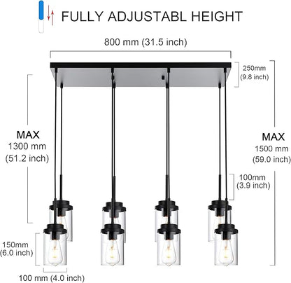 MELUCEE 8 Lights Linear Chandelier Lighting Black Island Light for Kitchen, 31.5 Inches Cluster Pendant Light Fixtures Hanging Foyer Lighting Dining Room Lights with Clear Glass Shade