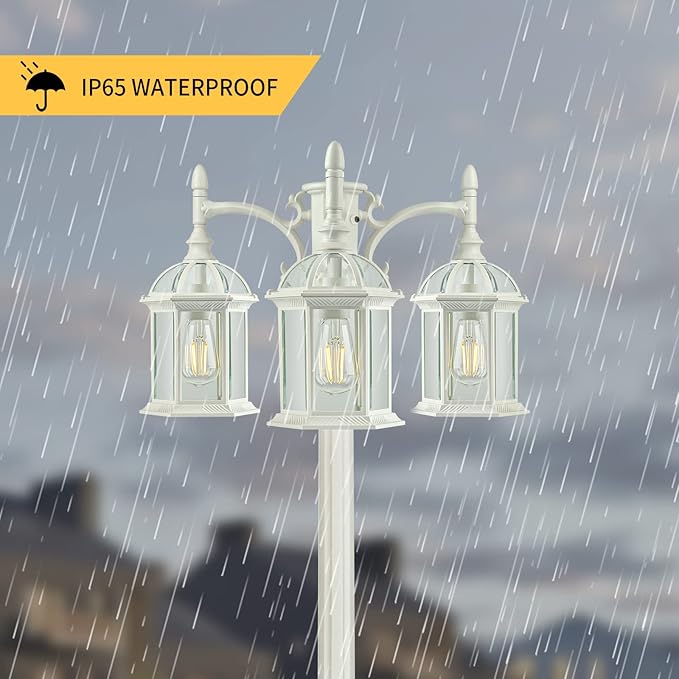Dusk to Dawn Outdoor Lamp Post Light Birdcage, 3 Head Waterproof Outside White Street Light Pole with Clear Glass Shade for Yard Garden Patio Path Driveway