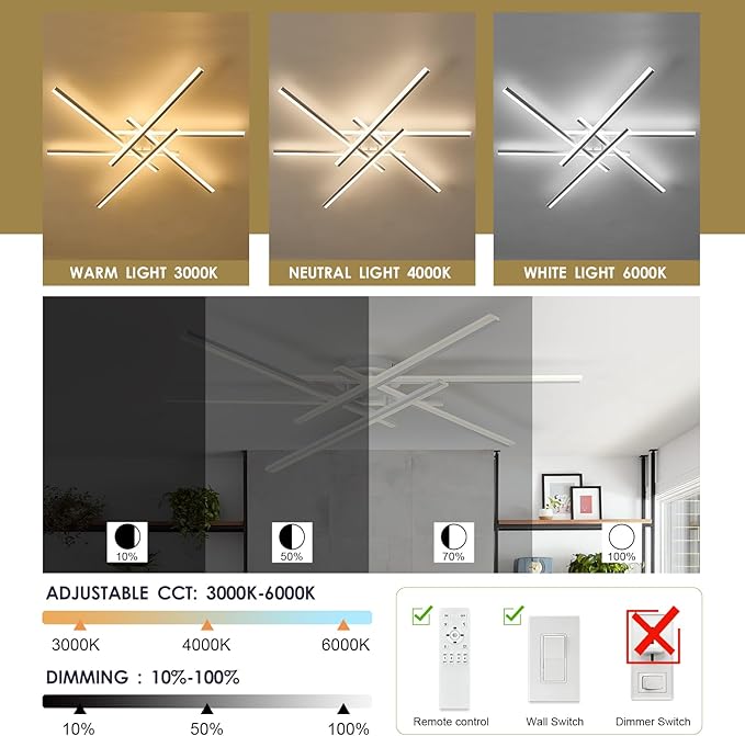 Modern LED Chandelier with Remote Control 6-Lights White Semi-Flush Mount Ceiling Lighting Fixture for Living Room, Bedroom, Dining Room 60W