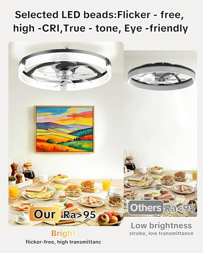 AIKVSXER 20" Ceiling Fan with Light, Modern Low Profile Fan Light, Quiet DC Motor, 6 Speeds, 3000K-6500K Dimmable LED, App & Remote Control, for Bedroom Living Room Indoor Home Decor