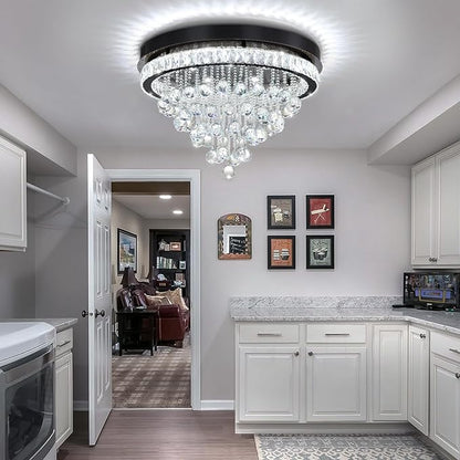 Dia 24" Modern Crystal Chandeliers for Dining Room,Black Raindrop Chandelier Flush Mount Chandeliers for Living Room Bedrooms Dining Room Dimmable 2700k 4500k 6000k