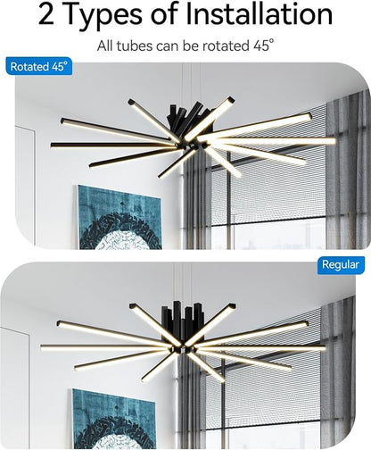Modern Led Chandelier, Dimmable Sputnik Light Fixture with Remote Control, Modern Pendant Light for Dining Room Kitchen Living Room Entryway, 3000K-6500K (Black)