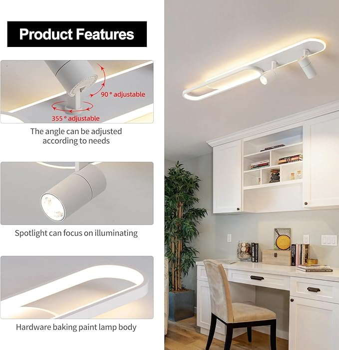 39.3Inch Dimmable LED Ceiling Light with 2 Spotlights Modern LED Ceiling Light with Remote Long Linear Ceiling Lamp for Kitchen Bedroom Office Laundry Room White/50W