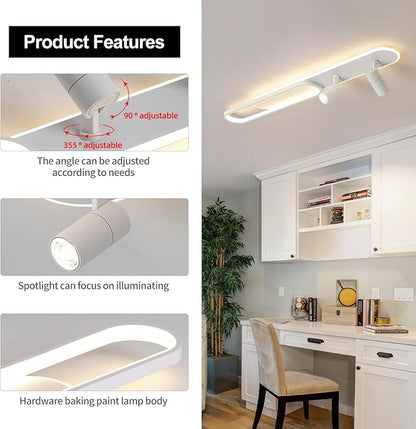 39.3Inch Dimmable LED Ceiling Light with 2 Spotlights Modern LED Ceiling Light with Remote Long Linear Ceiling Lamp for Kitchen Bedroom Office Laundry Room White/50W