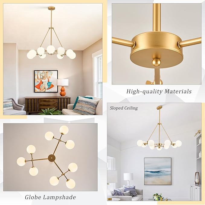 CATINER Modern Gold Sputnik Chandeliers L40”9-Lights Mid Century Ceiling Pendant Lighting Fixtures with Milk Glass Globe Shades for Foyer Entryway Kitchen Bedroom Living Dining Room