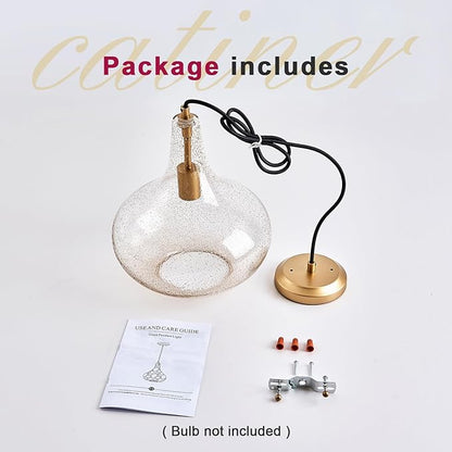 CATINER Handcrafted 11-Inch Mid-Century Modern Brass Gold Pendant Light with Seeded Glass Shade - Elegant Dining Room Pendant Light