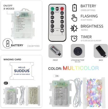 suddus 66ft 200 LED Outdoor String Lights, Multi Color Fairy Lights Battery Operated with Remote, Led Twinkle Lights for Bedroom, Backyard, Wedding, Tree, Mason Jar, Wall, Centerpiece, Christmas