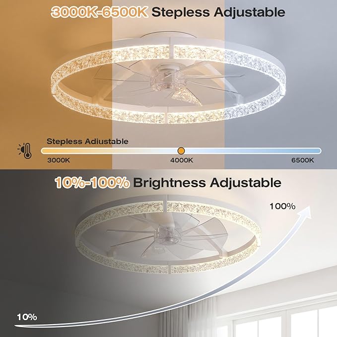 StarryEver Ceiling Fans with Lights and Remote, 24 Inch Modern Smart Ceiling Fan, 6 Speeds and 3000K-6500K Dimmable LED Fan Light, Low Profile Ceiling Fan for Bedroom, Living Room, Dining Room, White