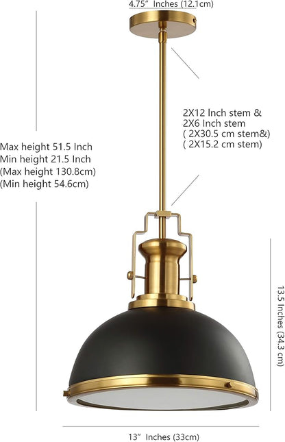 JONATHAN Y 13" Black/Brass Gold Modern Industrial Iron LED Dome Pendant Light, Adjustable Hanging Fixture for Kitchen Island or Entryway, Black Metal Shade, LED Bulb Included (JYL9536A)